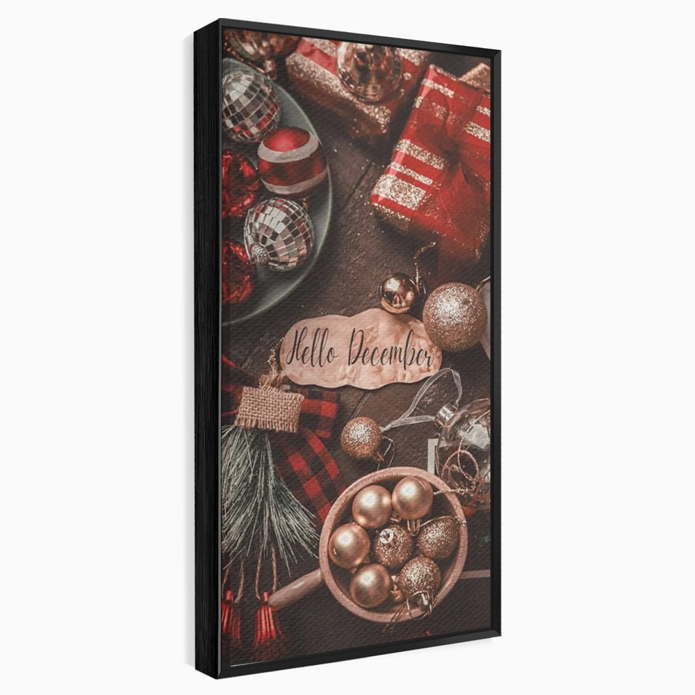 Tablou canvas cu tablou canvas cu globuri si cadouri, in rama de aluminiu negru
